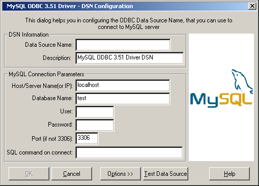 MySQL ODBC DSN
Configuration Dialog